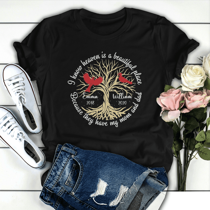 Personalized Memorial T-Shirt For Loss Of Mom And Dad Heaven Has My Mom And Dad Red Birds Custom Name Bereavement Gifts