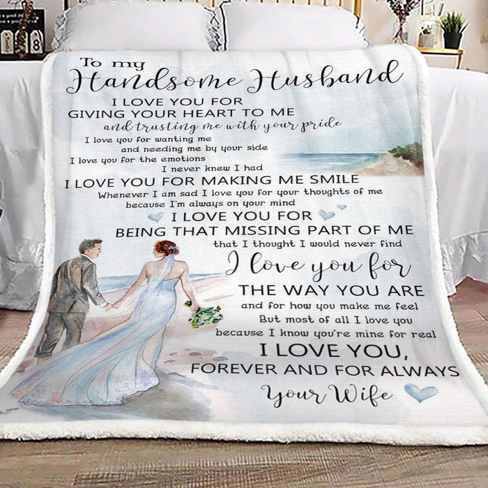 Personalized Wedding Blanket To My Handsome Husband Romantic Bride & Groom On The Beach Custom Name Valentine Blankets