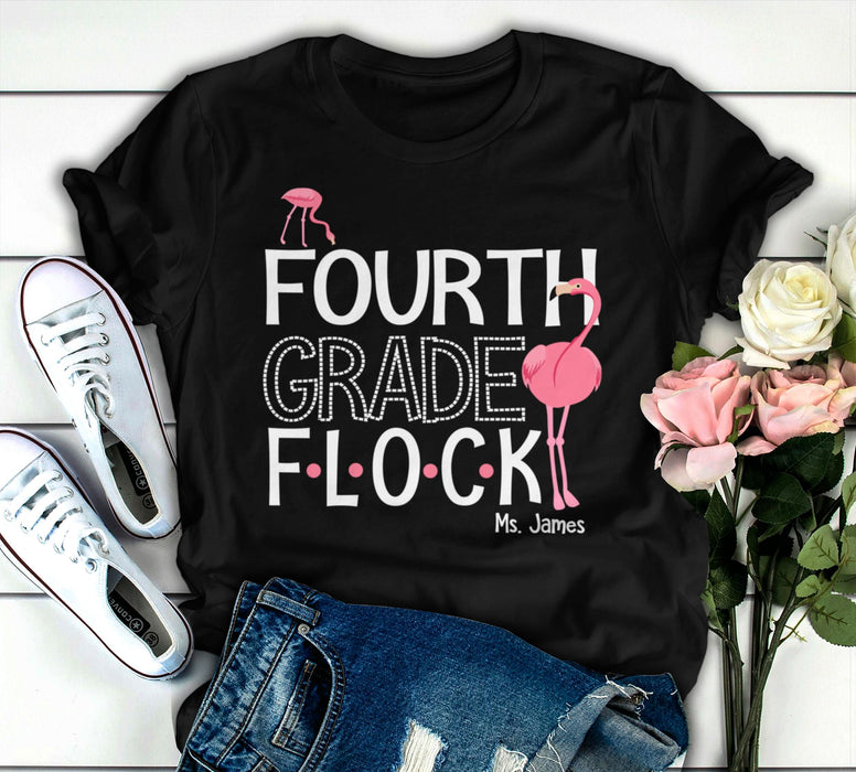 Personalized T-Shirt For Teacher Forth Grade Flock Pink Flamingo Printed Custom Name Back To School Outfit
