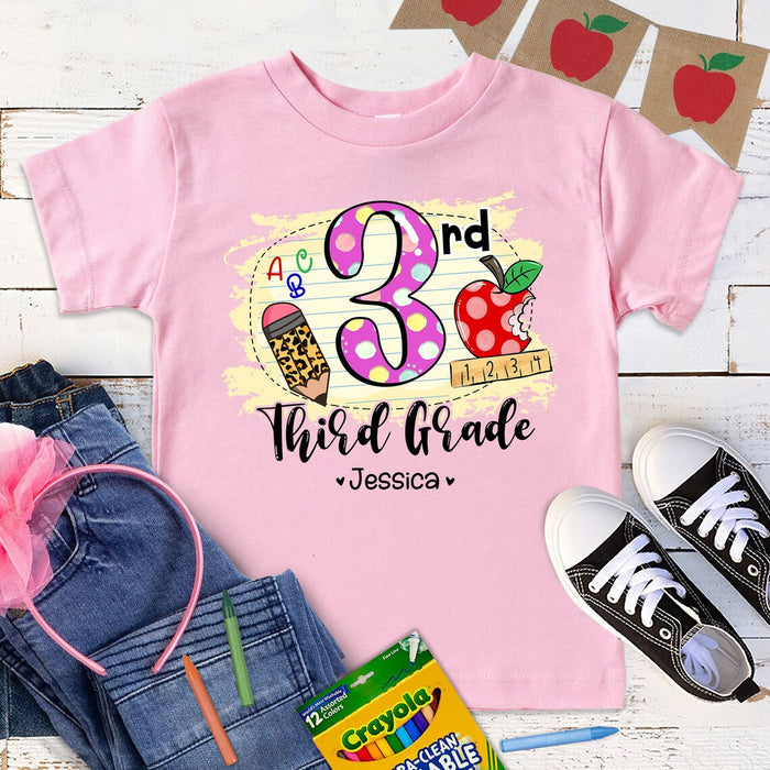 Personalized T-Shirt For Kid Back To School Hello Kindergarten Leopard Pencil Polka Dot Apple Custom Name & Grade Level