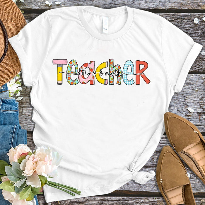 Personalized T-Shirt For Teacher Colorful Apple Polka Dot Plaid Design Custom Name Shirt Gifts For Back To School