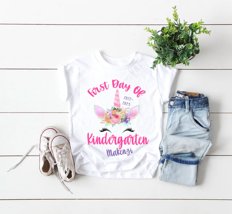 Personalized T-Shirt For Kid First Day Of Kindergarten Beautiful Unicorn Print Custom Name Back To School Outfit