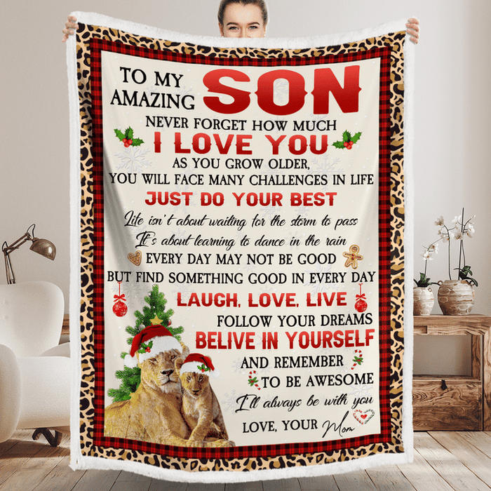 Personalized Blanket To My Son From Mom Never Forget That How Much I Love You Old Lion & Baby Printed Xmas Design