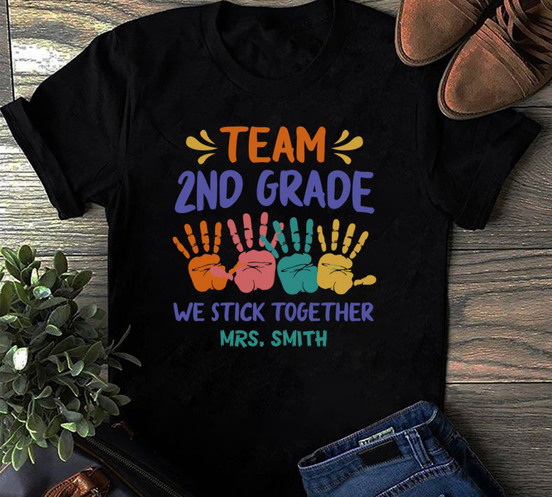 Personalized Unisex T-Shirt For Teachers Team 2nd Grade Colorful Handprint Printed Custom Name Back To School Outfit