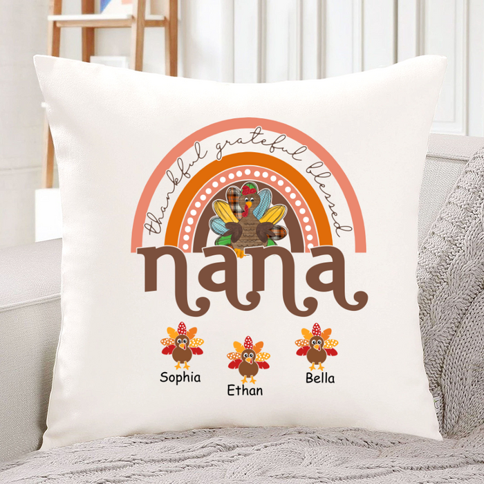 Personalized Square Pillow For Grandma Rainbow Turkey Thankful Grateful Custom Grandkids Name Sofa Cushion Xmas Gifts
