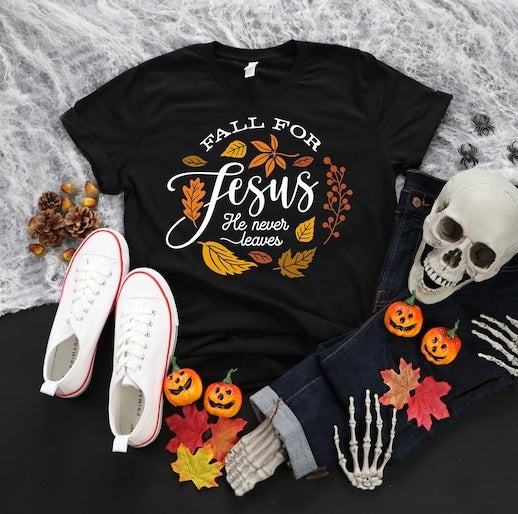 Classic Unisex T-Shirt Fall For Jesus He Never Leaves Maple Leaf Printed Christian Shirt