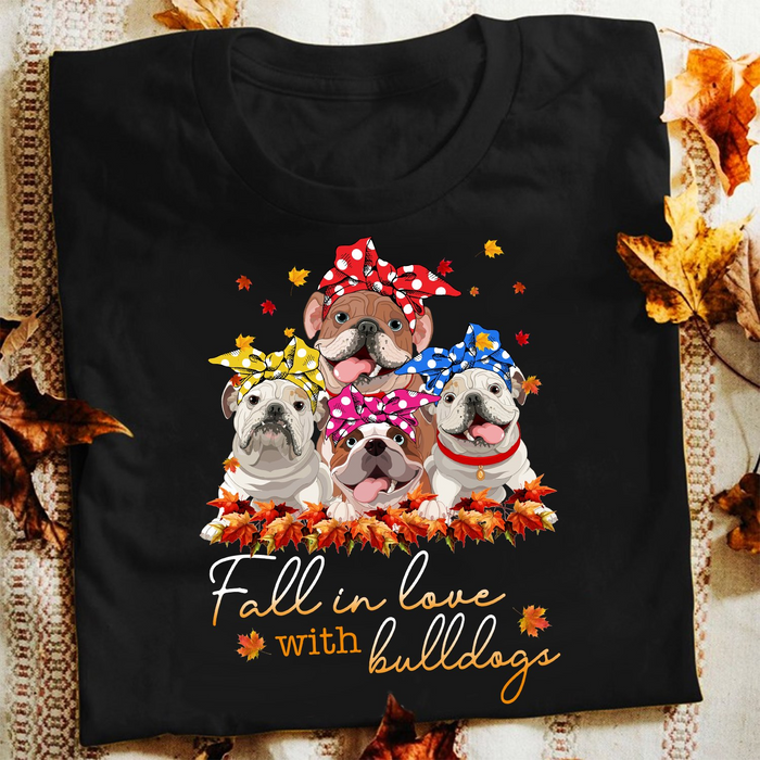 Classic Unisex T-Shirt For Dog Lovers Fall In Love With Bulldogs Four Cute Dog With Polka Dot Headband & Leaves Printed