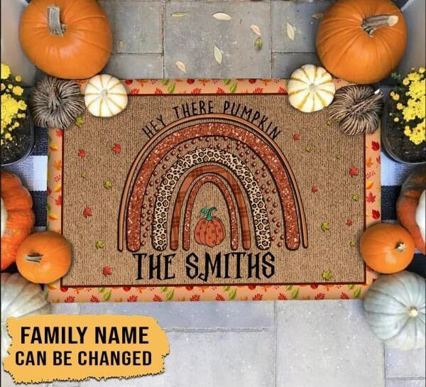 Personalized Welcome Doormat Hey There Pumpkin Boho Leopard Rainbow With Pumpkin Maple Leaves Printed Custom Family Name