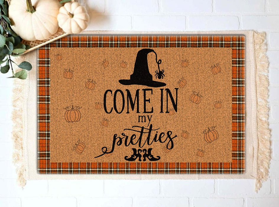 Welcome Doormat Come In My Pretties Witch Welcome Doormat Witch Hat & Pumpkin Printed Plaid Design Happy Halloween Mat