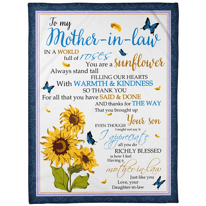 Personalized White Fleece Blanket To My Mother In Law Blue Butterfly & Sunflower Print Customized Name Mom Blankets