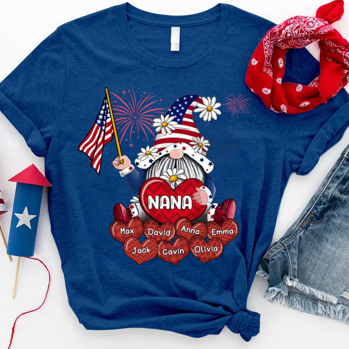 Personalized T-Shirt For Grandma Gnome Holds USA Flag Design Fireworks Custom Grandkids Name 4th Of July Shirt