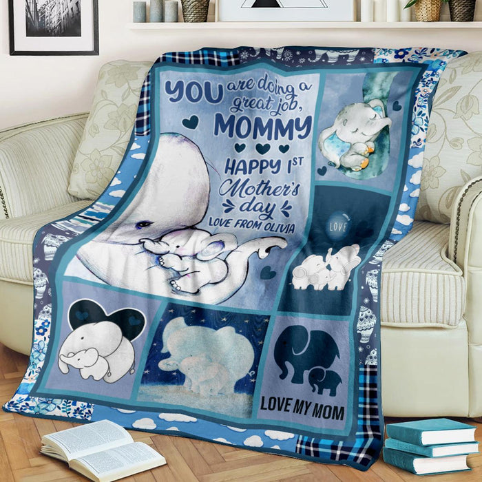 Personalized To My Mommy Blanket From Baby Happy 1st Mother'S Day Cute Hugging Elephant Blue Plaid Design Custom Name