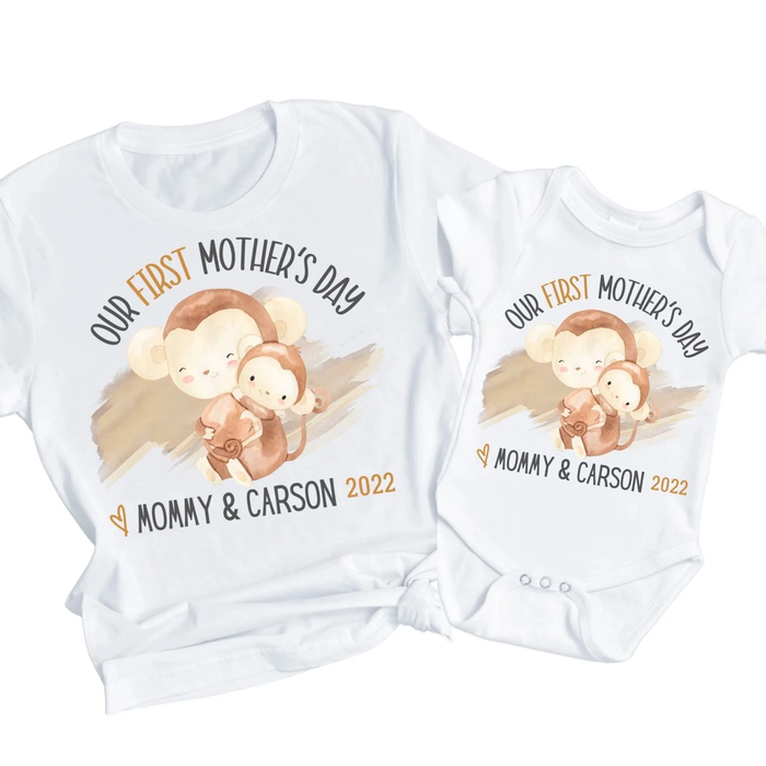 Personalized Matching T-Shirt & Baby Onesie Our First Mother'S Day Mommy And Baby Cute Monkey Printed Custom Name