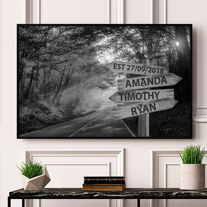 Personalized Wall Art Canvas For Family Black And White Forest Street Sign Poster Print Custom Multi Name & Date