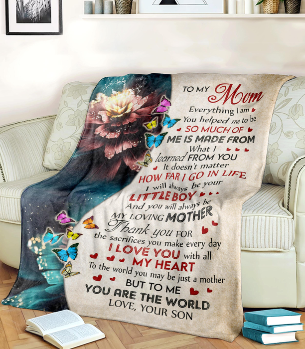 Personalized To My Mom Fleece Blanket From Son Print Butterfly And Flower I Will Always Be Your Little Boy