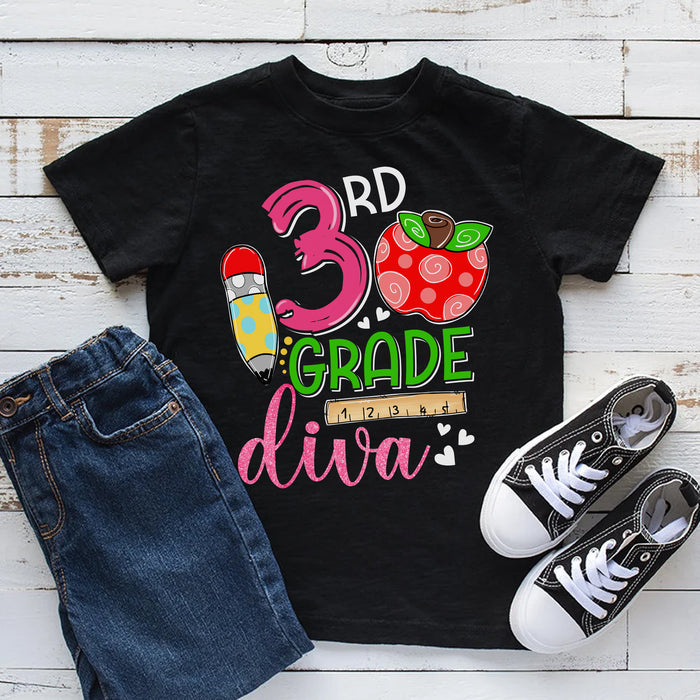 Personalized T-Shirt For Kids 3rd Grade Diva Colorful Design Apple & Pencil Custom Grade Level Back To School Outfit