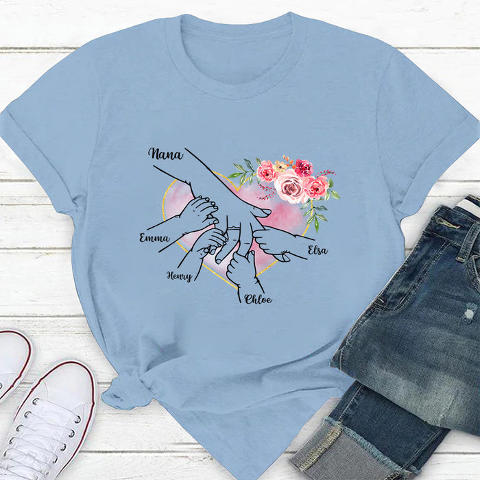 Personalized T-Shirt For Grandma From Grandkids Little Hands Holding Nana Hand Heart Custom Name Gifts For Mothers Day