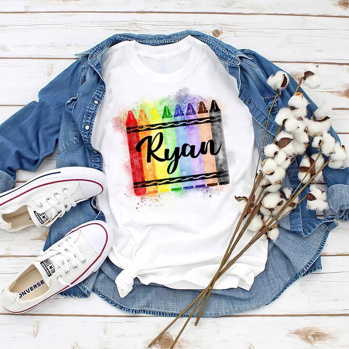 Personalized T-Shirt For Kids Watercolor Crayon Printed Custom Name Back To School Outfit Shirt For Boy Girl