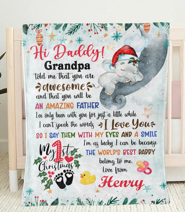 Personalized Blanket For New Dad From Kids Say With My Eyes And Smile Cute Elephant Custom Name Gifts For 1st Christmas