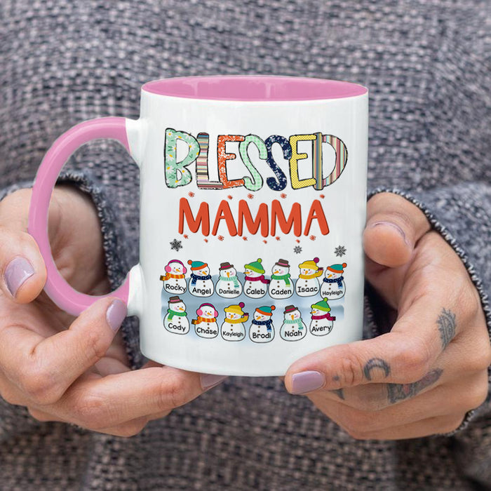 Personalized Coffee Mug Gifts For Grandmother Blessed Mama Cute Snowman Custom Grandkids Name Accent Cup For Christmas