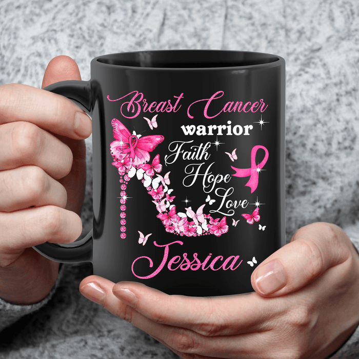 Personalized Ceramic Coffee Mug For Breast Cancer Awareness High Heels & Butterfly Print Custom Name 11 15oz Cup