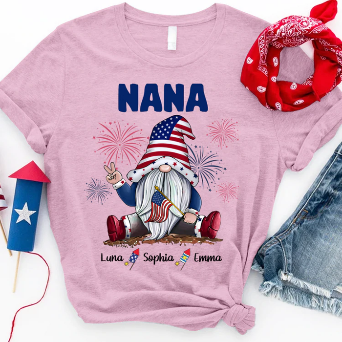 Personalized T-Shirt For Grandma Nana Gnome & Fireworks Print USA Flag Design Custom Grandkids Name 4th Of July Shirt