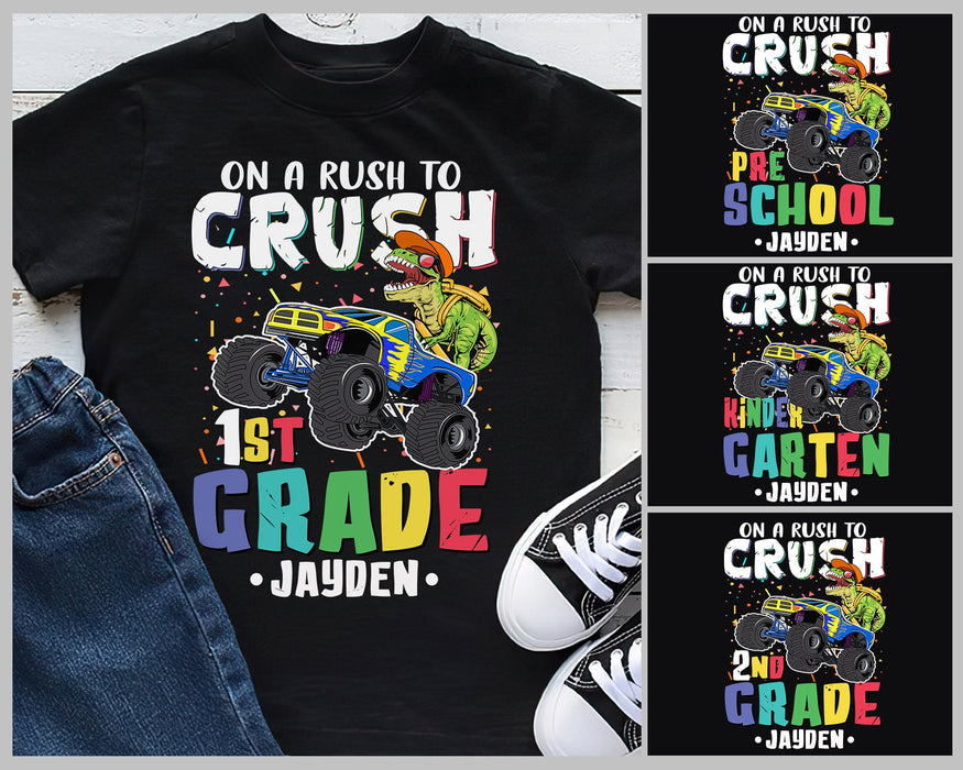 Personalized T-Shirt Gifts For Kids T Rex Dinosaur Rush To Crush 1st Grade Custom Name Shirt Back To School Outfit