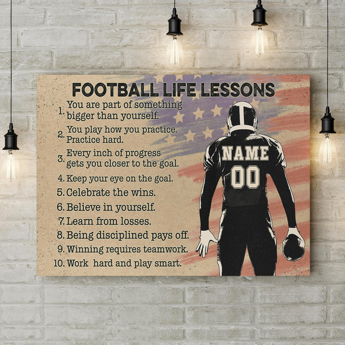 Personalized Football Life Lessons Poster Canvas For Football Lovers US Flag & Player Printed Custom Name & Number