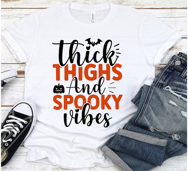 Classic Unisex T-Shirt Thick Thighs and Spooky Vibes Funny Pumpkin & Bat Printed Happy Halloween Shirt