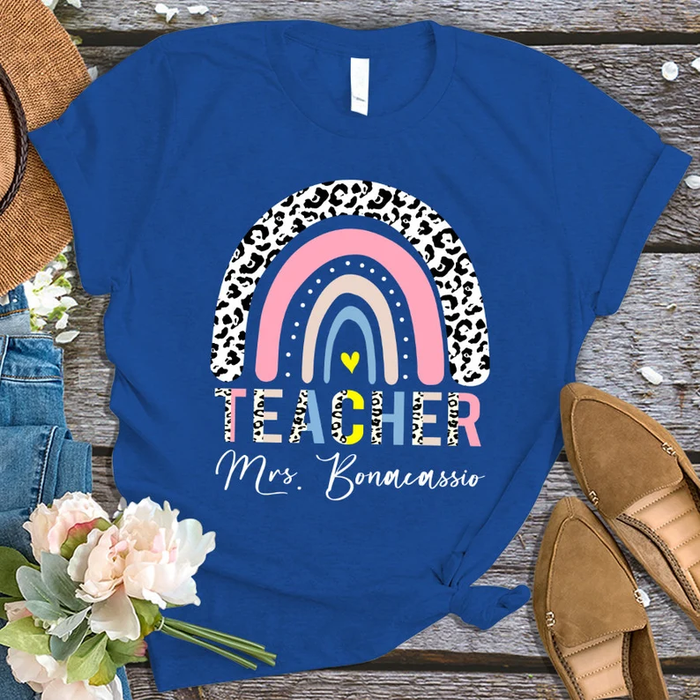 Personalized T-Shirt For Teacher Colorful Leopard Rainbow Design Cute Heart Print Custom Name Back To School Outfit