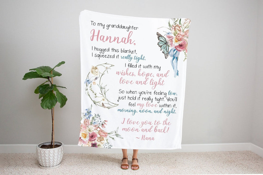 Personalized To My Granddaughter Blanket From Grandma I Hugged This Blanket Beautiful Flower & Crescent Moon Printed