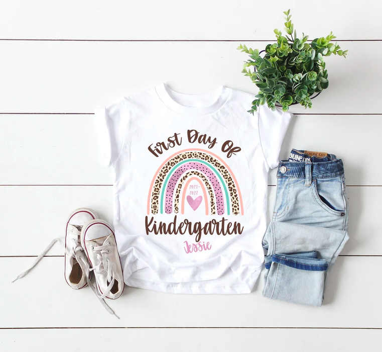 Personalized T-Shirt For Kid First Day Of Kindergarten Colorful Leopard Rainbow Custom Name Back To School Outfit