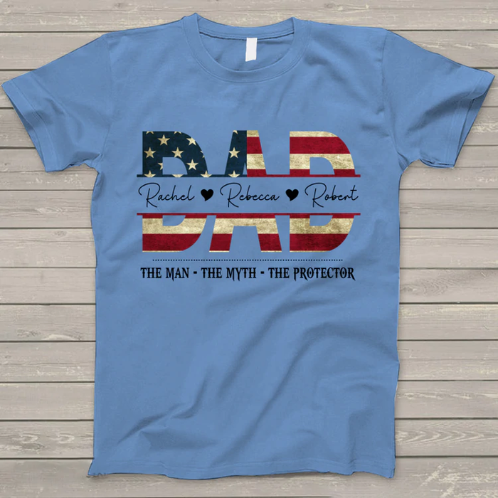 Personalized T-Shirt For Dad Vintage USA Flag Design The Man The Myth The Protector Custom Kid Name 4th Of July Shirt