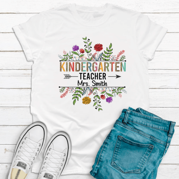 Personalized T-Shirt For Teacher Colorful Leopard Flowers Design Arrow Print Custom Name Back To School Outfit