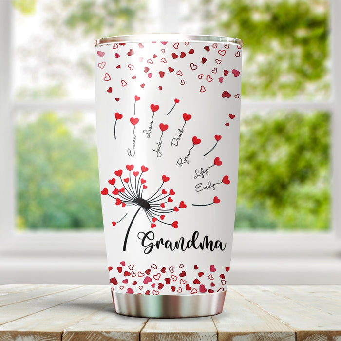 Personalized Tumbler Gifts For Grandmother Cute Heart Dandelion Flying Custom Grandkids Name Travel Cup For Christmas