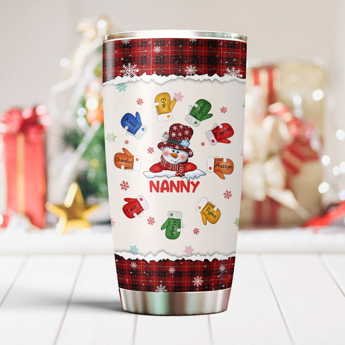 Personalized Tumbler Gifts For Nana From Grandkids Colorful Gloves Nanny Snowman Custom Name For Christmas