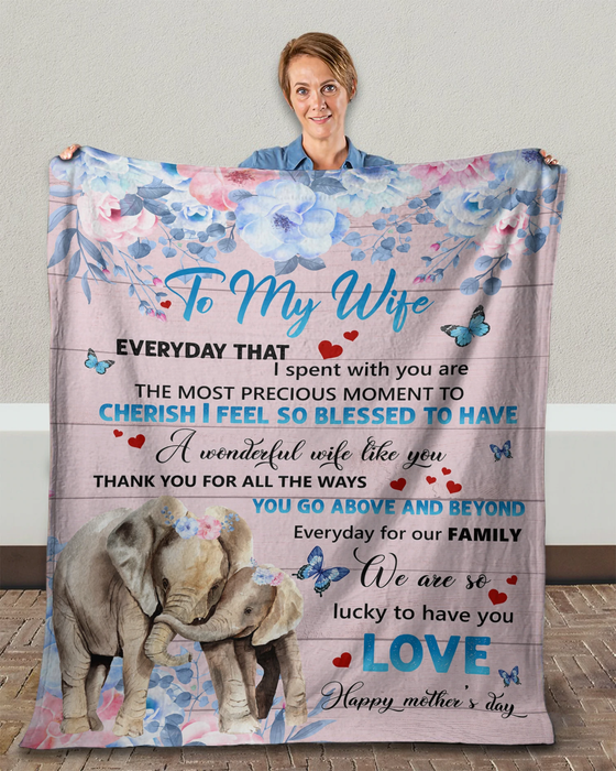 Personalized Fleece Blanket To My Wife Happy Mother'S Day Rustic Floral & Elephants Printed Blanket Custom Name