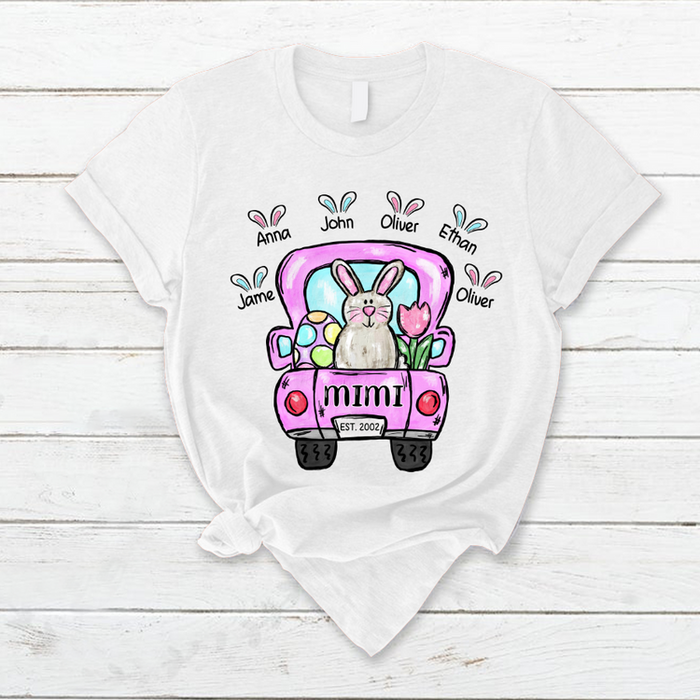 Personalized T-Shirt For Grandma Mimi Est.Year Bunny & Easter Eggs Truck Printed Custom Grandkids Name Happy Easter Day