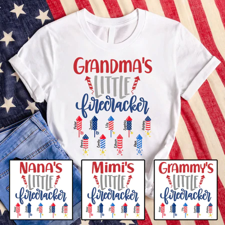 Personalized T-Shirt Grandma's Little Firecrackers USA Flag Design Custom Grandkids Name 4th Of July Shirt