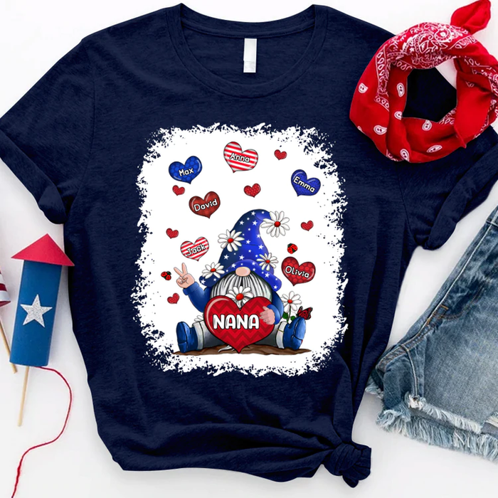 Personalized T-Shirt For Grandma Gnome Hearts & Daisy Print USA Flag Design Custom Grandkids Name 4th Of July Shirt