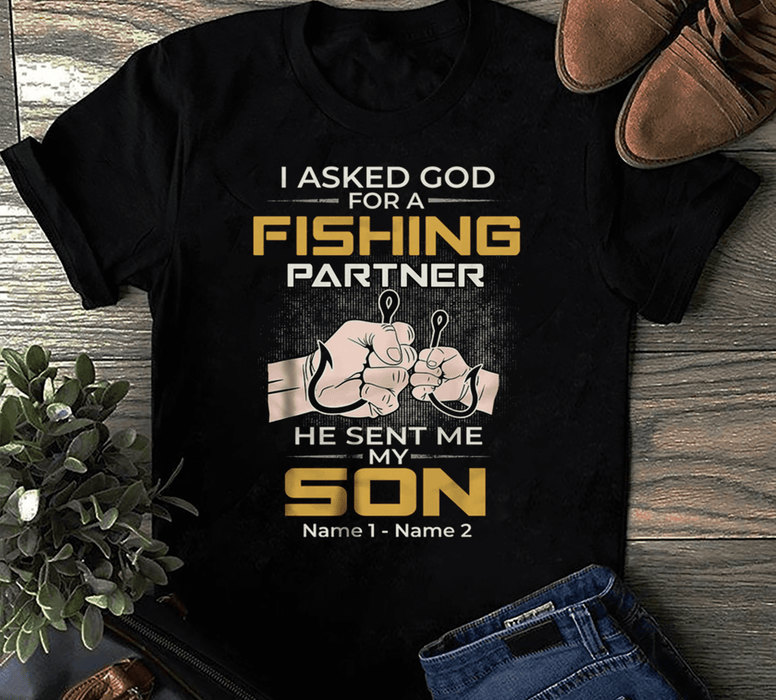 Personalized T-Shirt For Fishing Lovers To Dad I Asked God Fist Bump And Fish Hook Printed Custom Kids Name