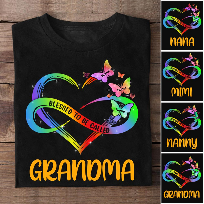 Personalized T-Shirt For Grandma Colorful Heart With Sunflower & Infinity Sign Tie Dye Design Custom Grandkids Name