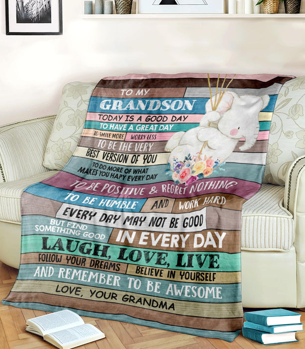 Personalized To My Grandson Blanket From Grandma Laugh Love Live Wooden Background Elephant Printed Custom Name