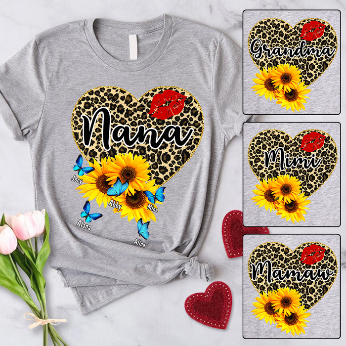 Personalized T-Shirt For Grandma Nana Heart Sexy Lip Sunflower & Butterfly Printed Custom Grandkids Name