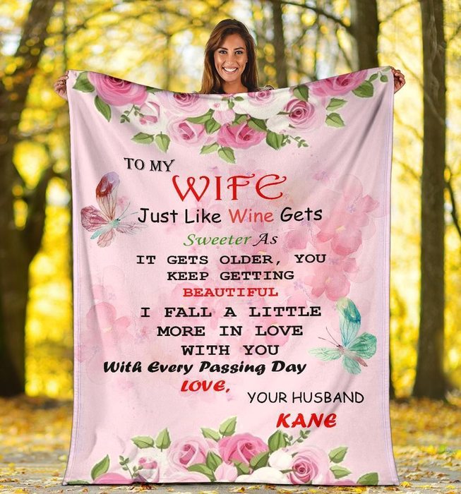 Personalized Lovely Fleece Blanket To My Wife On Valentines Pink Flower & Butterfly Blanket Custom Name