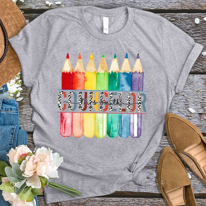 Personalized T-Shirt For Teacher Appreciation Counselor Leopard Design Crayons Custom Name Shirt Back To School Gifts