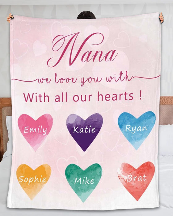 Personalized To My Grandma Blanket From Grandchildren We Love You With All Our Heart Cute Heart Print Custom Name