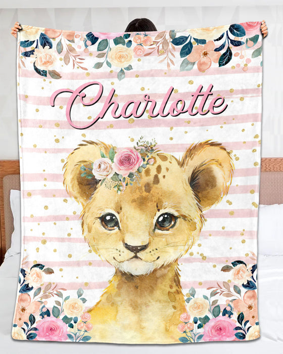 Personalized Baby Blanket For Daughter Cute Lion & Soft Pink Blush Flower Printed Custom Name Baby Reveal Blanket