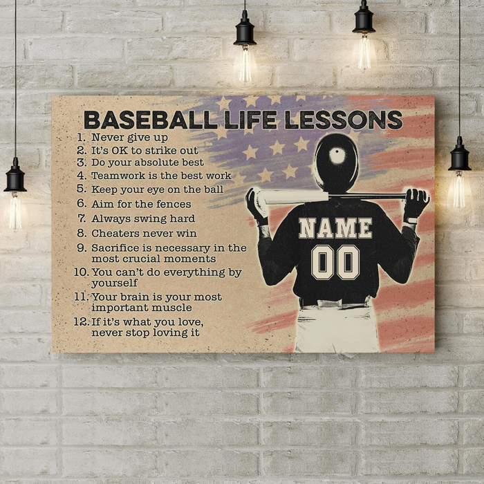 Personalized Baseball Life Lessons Canvas Poster For Baseball Lovers Us Flag & Male Player Printed Custom Name & Number