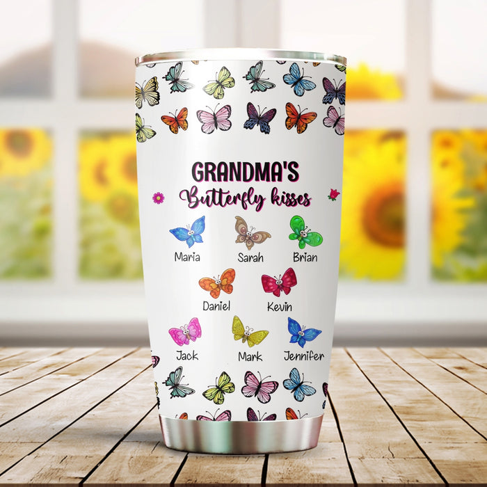Personalized Tumbler Gifts For Grandma Nana's Colorful Butterflies Kisses Custom Grandkids Name Travel Cup For Birthday